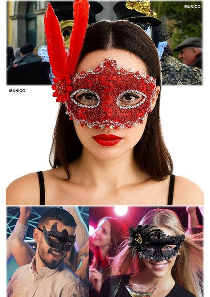 Tüylü Kırmızı Maske Dantelli ve Işıltılı Taşlı Tasarım | Kostüm Partileri Özel Geceler Için