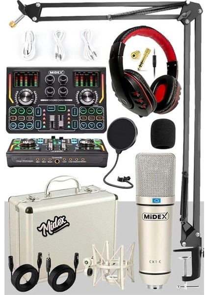 Cx1 Titanium Set Efektli Ses Kartı Mikrofon Kulaklık Stand Kayıt Canlı Yayın (Pc ve Telefon)
