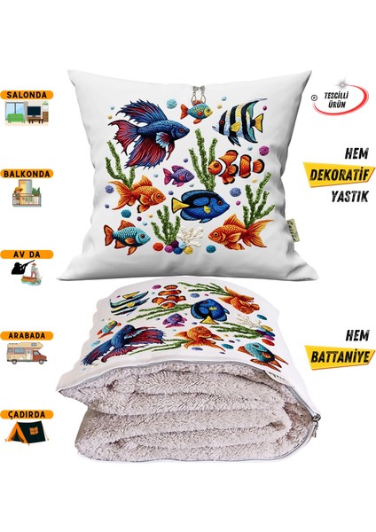 Nakışlı Punch Efektli Balıklar Baskılı Tv Battaniyesi Olabilen Dekoratif Yastık Kırlent Battaniye