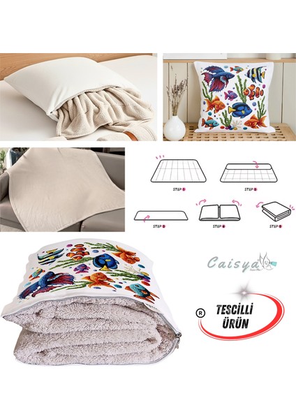 Nakışlı Punch Efektli Balıklar Baskılı Tv Battaniyesi Olabilen Dekoratif Yastık Kırlent Battaniye fiyatları