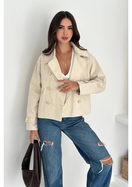 Düğme Detaylı Yağmur Gabardin Ceket Ekru