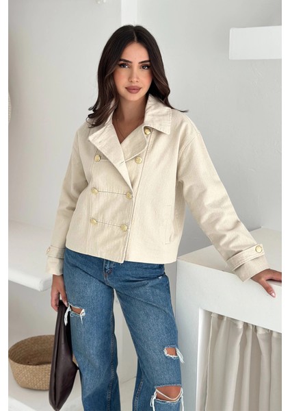 Düğme Detaylı Yağmur Gabardin Ceket Ekru fırsatları