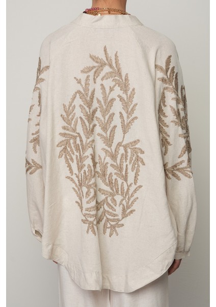 Kadın Arkası Kahverengi Nakış Işlemeli Natur Kimono fiyatları