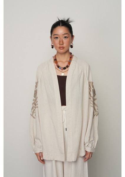 Kadın Arkası Kahverengi Nakış Işlemeli Natur Kimono modelleri