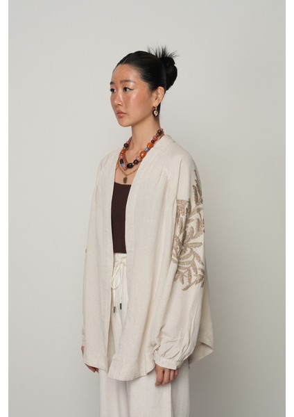Kadın Arkası Kahverengi Nakış Işlemeli Natur Kimono fırsatları
