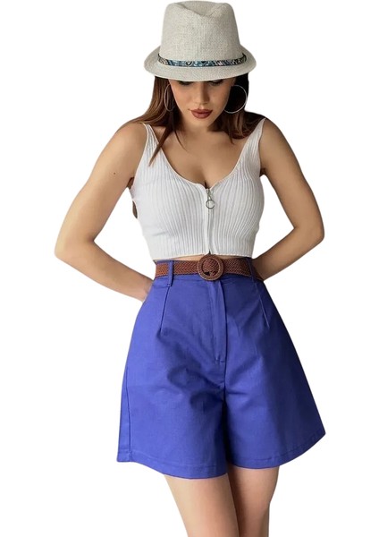 Rahat Kalıp Kemerli Mom Şort - Mavi̇ modelleri