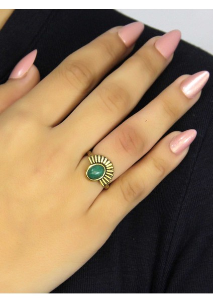Doğal Taş Yeşil Akik Doğal Taşlı Antik Model Kadın Ayarlanabillir Yüzük EUY82YA