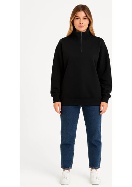 Kadın Üç Iplik Dık Yaka Yarım Fermuarlı Sweatshirt - Siyah fiyatları