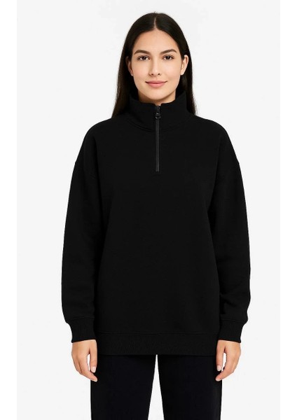 Kadın Üç Iplik Dık Yaka Yarım Fermuarlı Sweatshirt - Siyah modelleri