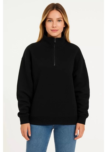 Kadın Üç Iplik Dık Yaka Yarım Fermuarlı Sweatshirt - Siyah fırsatları