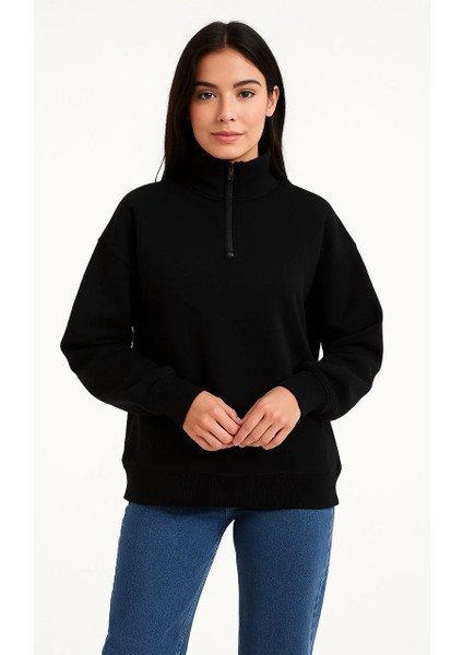 Kadın Üç Iplik Dık Yaka Yarım Fermuarlı Sweatshirt - Siyah indirimleri