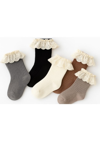 %100 Pamuk Nefes Alabilen Terletmez Bebek-Çocuk Dizaltı 5'li Dantelli Çorap