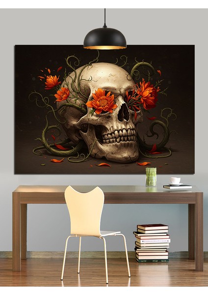 Kırmızı Çiçek ve Kurukafa Dekoratif Kanvas - Mdf Ahşap Tablo