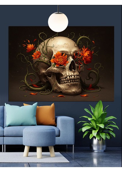 Kırmızı Çiçek ve Kurukafa Dekoratif Kanvas - Mdf Ahşap Tablo fiyatları