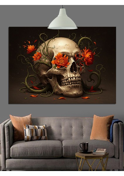 Kırmızı Çiçek ve Kurukafa Dekoratif Kanvas - Mdf Ahşap Tablo indirimleri