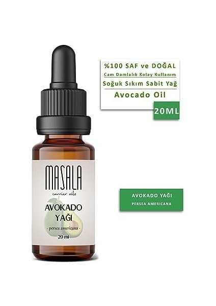 Masala Saf Avokado Yağı 20 Ml. Soğuk Pres (Avocado Oil)