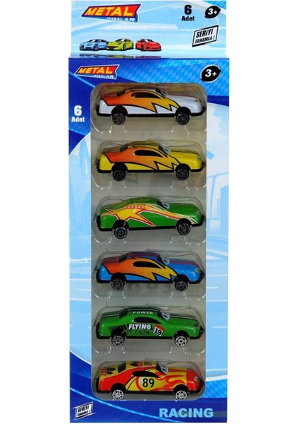 6'lı Metal Araba Seti, Şimşek, Renkli Tasarım, 8cm