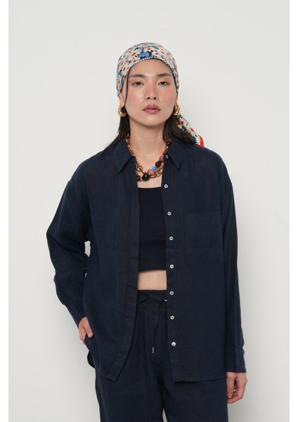 Kadın Laci Renk Tek Cepli %100 Keten Gömlek