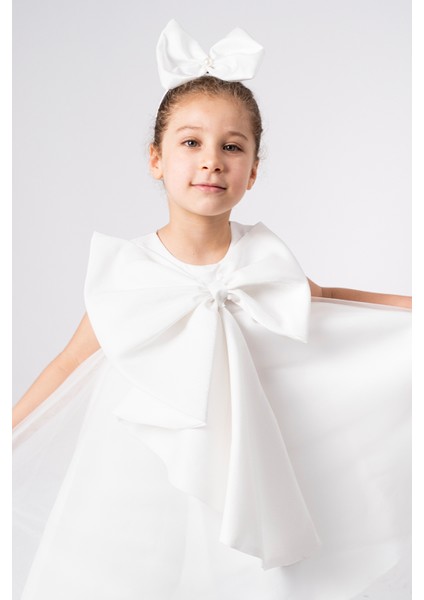 Kız Çocuk Abiye Elbise Büyük Fiyonk Detaylı Özel Gün Parti Elbisesi