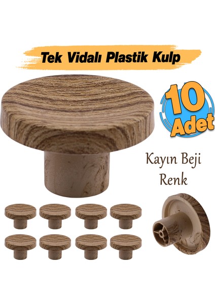 Tek Vidalı (10 Adet) Iç Bükey Plastik Düğme Kulp Kayın Bej Renk Mobilya Dolap Çekmece Kulpu Kulbu
