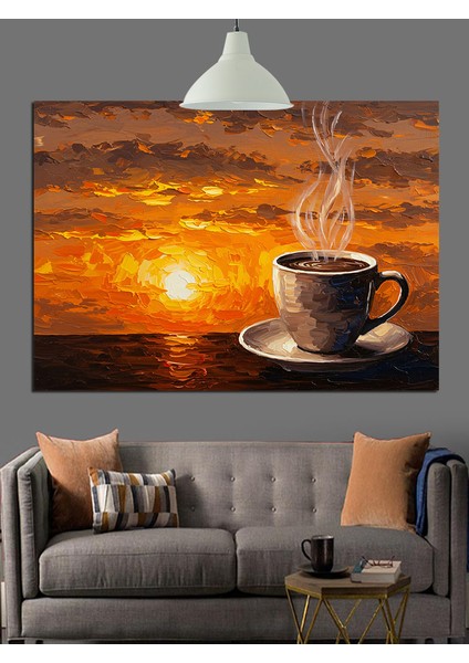 Gün Batımı Kahve Fincanı Duman Dekoratif Kanvas - Mdf Ahşap Tablo