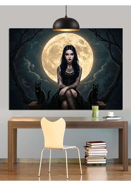 Dolunayda Siyah Elbiseli Kadın Dekoratif Kanvas - Mdf Ahşap Tablo