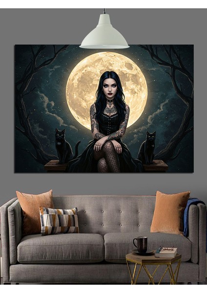 Dolunayda Siyah Elbiseli Kadın Dekoratif Kanvas - Mdf Ahşap Tablo indirimleri