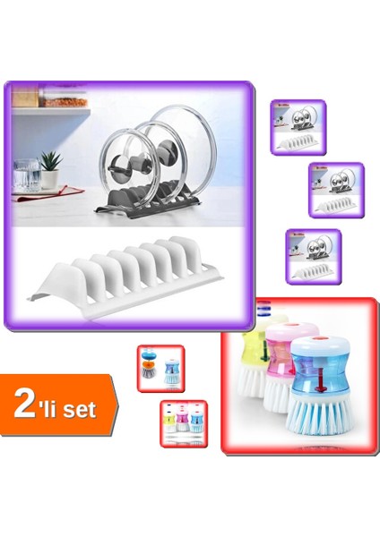 2 Adet 8 Bölmeli Kapak Rafı - Mutfak Düzenleme + Deterjan Hazneli Bulaşık Fırçası - 2li Set XYZ789