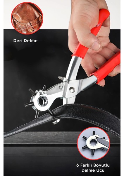 6 Başlıklı Döner Kemer Delme Aleti Metal Delik Açıcı Pense, Deri Kanvas Kemer Delme Makinesi