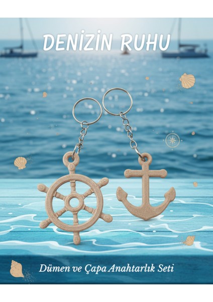 Dümen ve Çapa Anahtarlık Seti | Gerçek Ahşap Dokulu, Doğal Görünümlü Özel Tasarım Çanta Süsü