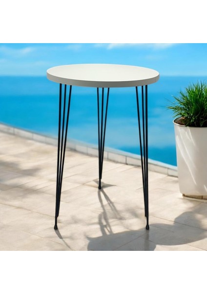 Tekli Yuvarlak Zigon Sehpa (Beyaz) Metal Tel Ayak 37 Çap