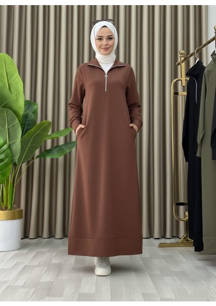 Fermuar Detaylı Cepli Spor Uzun Örme Tesettür Elbise modelleri