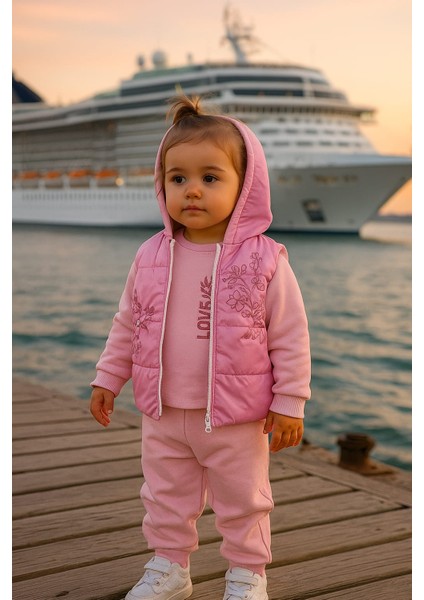 Kız Çocuğu Yelekli Üç Iplik Şardonlu 3 'lü Takım