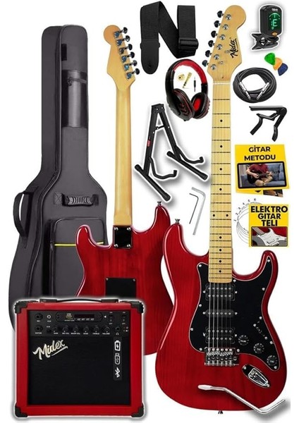 RPH-40RD-25AMP 25W Şarjlı Bt Amfili Elektro Gitar Seti Hsh Manyetik Maple Klavye