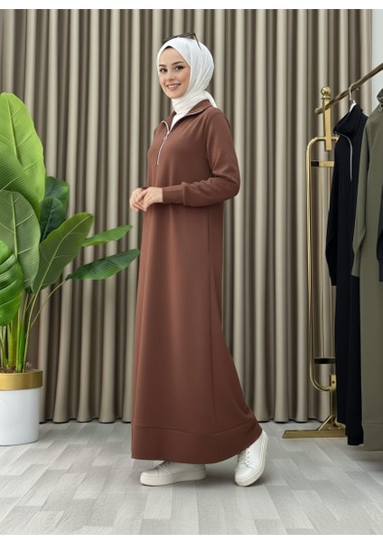 Fermuar Detaylı Cepli Spor Uzun Örme Tesettür Elbise