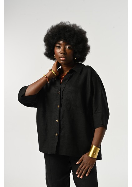 Kadın %100 Keten Truvakar Kollu Düz Renk Tek Cepli Gömlek