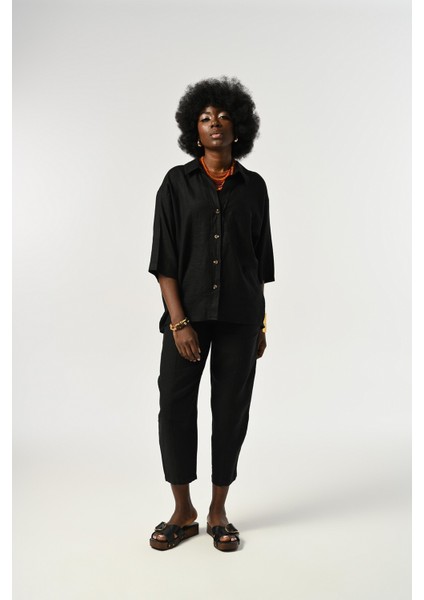 Kadın %100 Keten Truvakar Kollu Düz Renk Tek Cepli Gömlek fırsatları