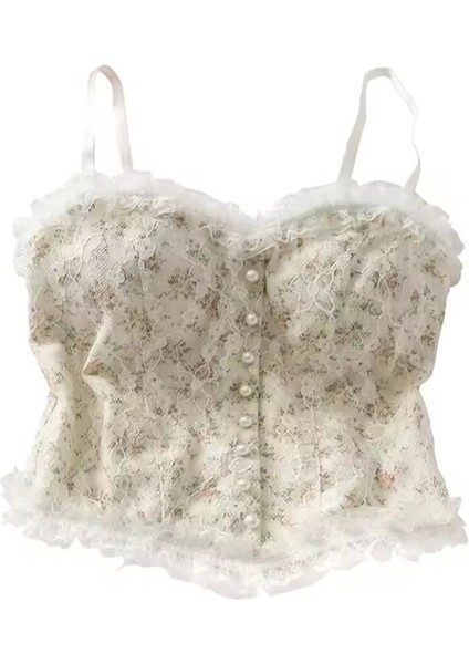 Fransız Vintage Desen Baskılı Göğüs Destekli Zarif Büstiyer Crop fiyatları