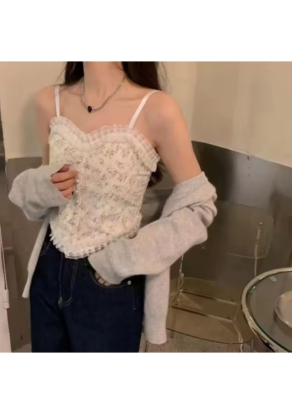 Fransız Vintage Desen Baskılı Göğüs Destekli Zarif Büstiyer Crop modelleri