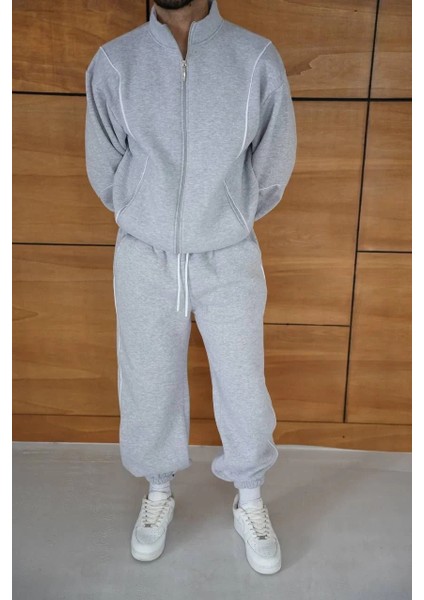 Erkek Premium Parçalı Eşofman Takım - Dik Yaka Fermuarlı Biyeli Sweatshirt Lastik Paça Alt, Oversize 3 Iplik Şardonlu - Gri fırsatları