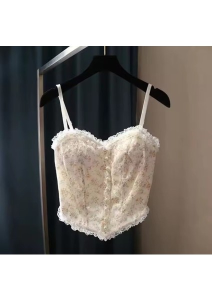Fransız Vintage Desen Baskılı Göğüs Destekli Zarif Büstiyer Crop fırsatları