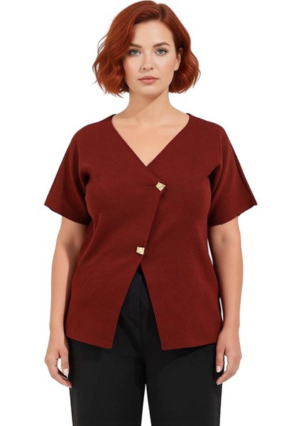 Asimetrik Düğmeli V Yaka Kısa Kollu Kadın Triko Kaliteli Şık Rahat Modern Zarif Günlük modelleri
