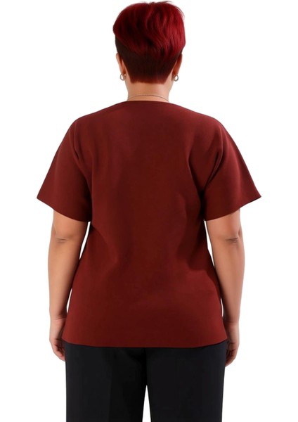 Asimetrik Düğmeli V Yaka Kısa Kollu Kadın Triko Kaliteli Şık Rahat Modern Zarif Günlük fırsatları