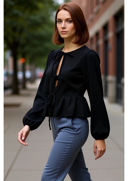 Kadın Bağlama Detaylı Regular Kalıp Esnek Örme Bluz Uzun Kollu Düz Tekli Paket Kışlık