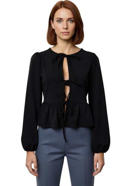 Kadın Bağlama Detaylı Regular Kalıp Esnek Örme Bluz Uzun Kollu Düz Tekli Paket Kışlık modelleri