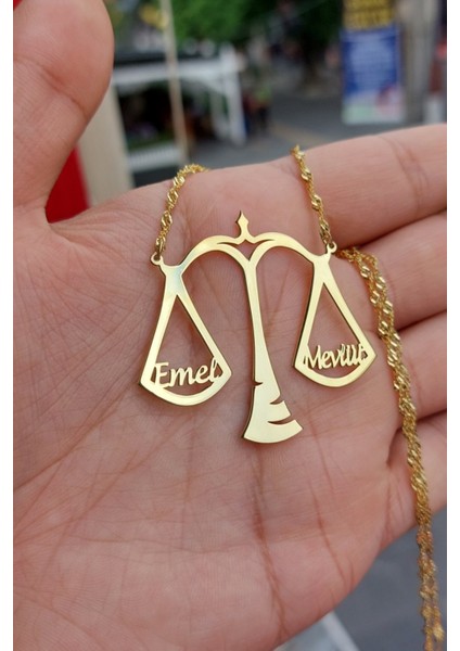 925 Ayar Gümüş 24 Ayar Altın Kaplama 2 Isimli Terazi Kolye