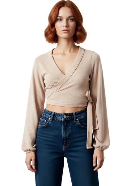 Kadın Moda Şık Regular Kruvaze Yaka Ispanyol Kol Slim Kalıp Örme Yumoş Bağlama Detaylı Kollu Bluz fiyatları