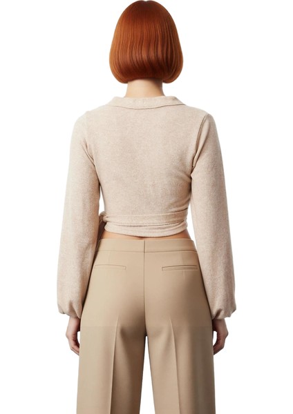 Kadın Moda Şık Regular Kruvaze Yaka Ispanyol Kol Slim Kalıp Örme Yumoş Bağlama Detaylı Kollu Bluz modelleri