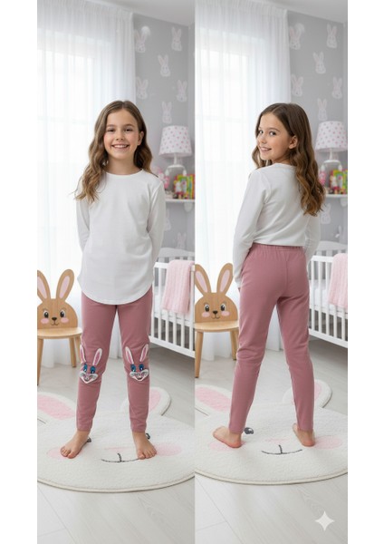 Ideal Sepet Tavşan Nakışlı %100 Pamuk Kız Çocuk Tayt