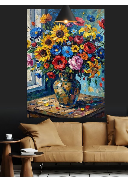 Renkli Çiçeklerin Olduğu Vazo Natürmort Dekoratif Kanvas - Mdf Ahşap Tablo
